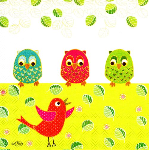 แนวภาพPladao Napkin ภาพการ์ตูน นกฮูก คุยกับนก Owl พื้นเขียว สัตว์ เป็นภาพแนวยาว กระดาษ แนพกิ้น สำหรับงานศิลปะ เดคูพาจ decoupage ขนาด L 33x33