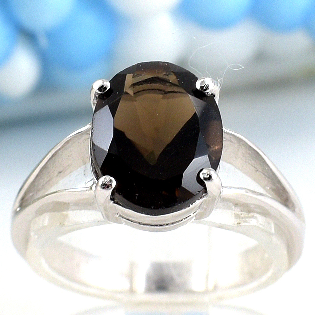 SKJewelryfactory แหวนเงินแท้ ฝังพลอยสโมกกี้ควอทซ์แท้ ดีไซน์ชูพลอยเรียบๆ ก้านแยก ER02388-SMQ