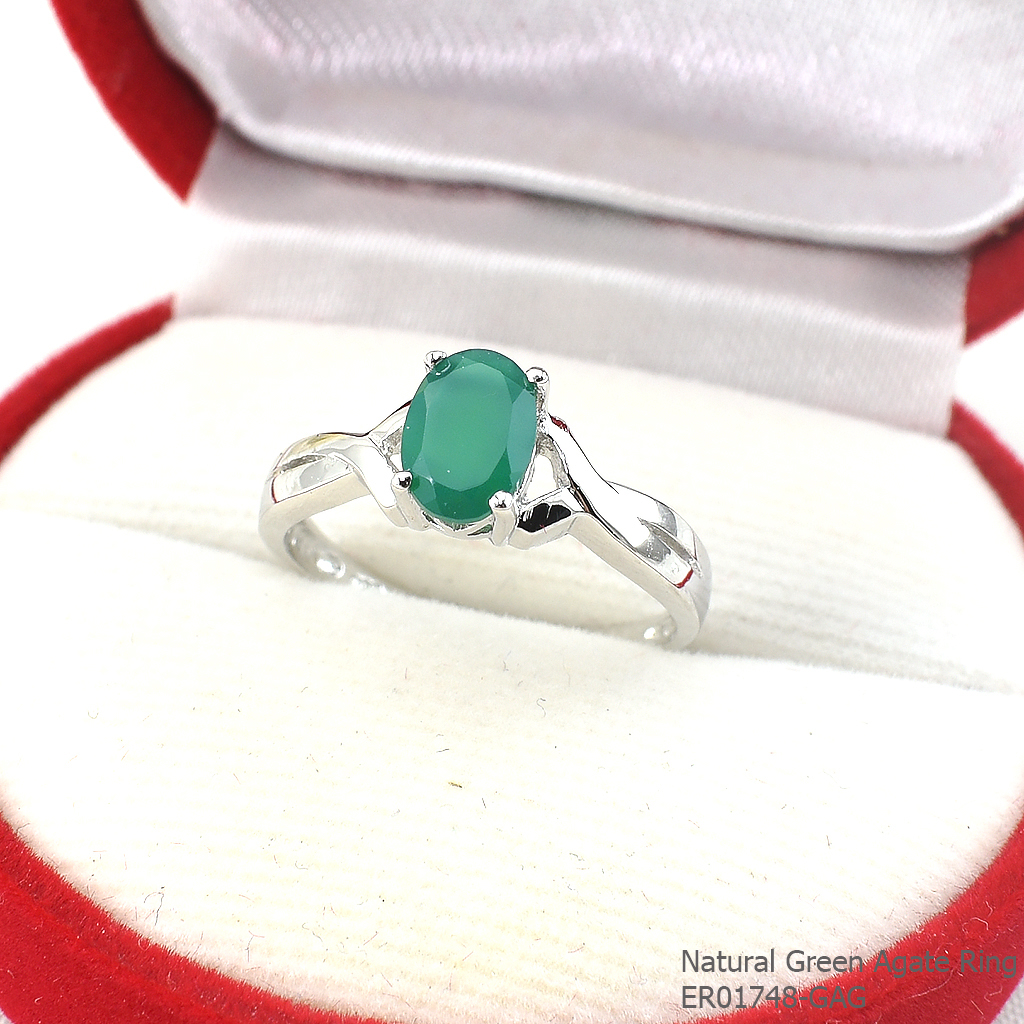 SKJewelryFactory แหวนพลอยเม็ดเดี่ยว พลอยกรีนอะเกทแท้ สีเขียวเหมาะสำหรับคนเกิดวันพุธ ER01748-GAG