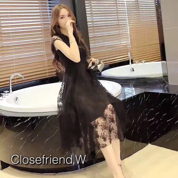 เดรสลูกไม้ พร้อมส่ง เดรสยาว คอวีแขนกุด