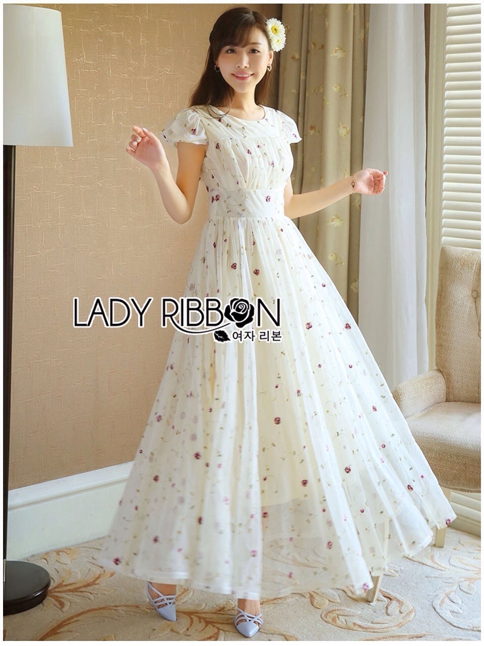 พร้อมส่ง เดรสราตรียาวผ้าทูลล์ปักลายดอกไม้