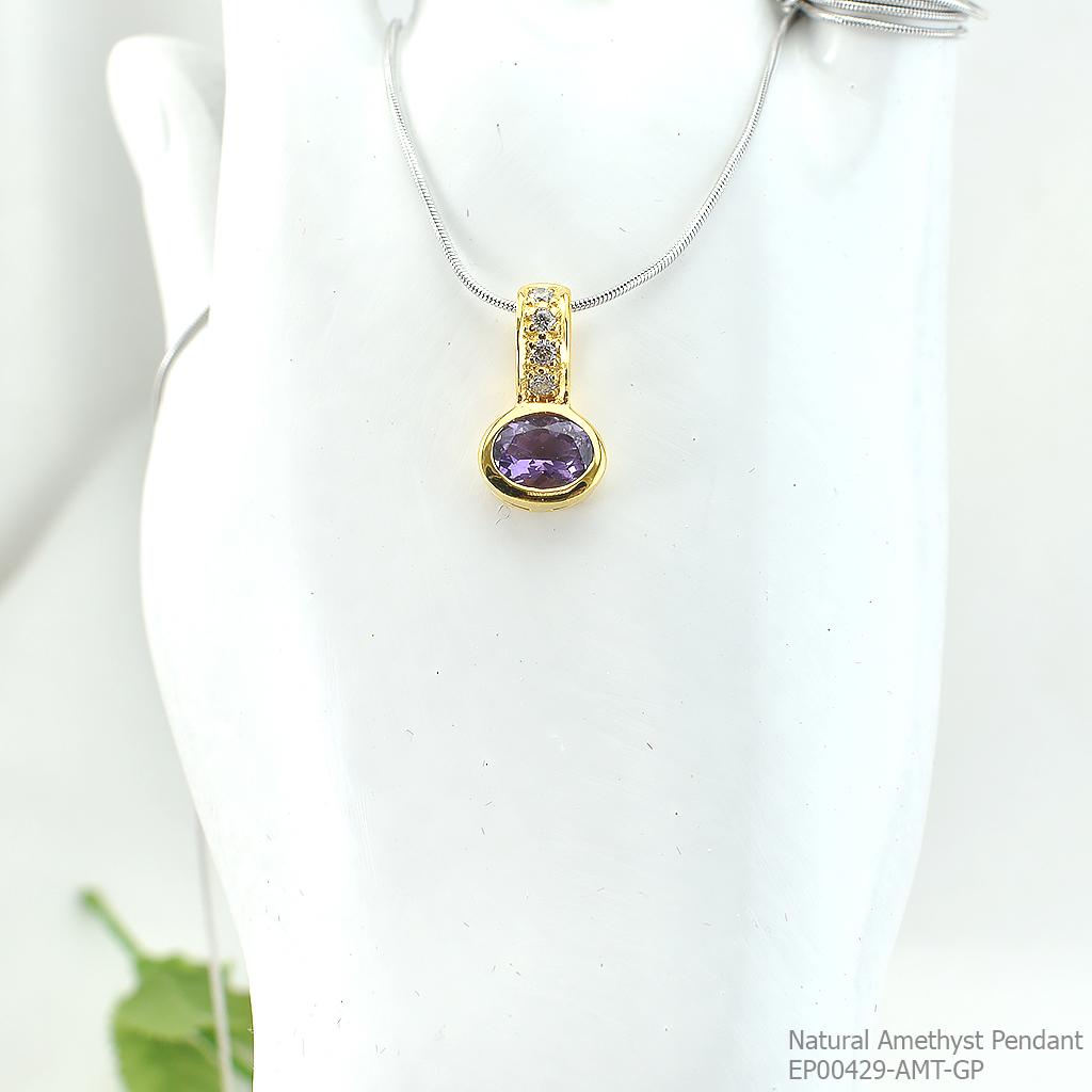 SKJewelryFactory จีพลอยแอมิทิสต์แท้และเพชร จี้เงินแท้ พลอยแอมิทิสต์แท้ ชุบทอง 1 ไมครอน EP00429-AMT-GP