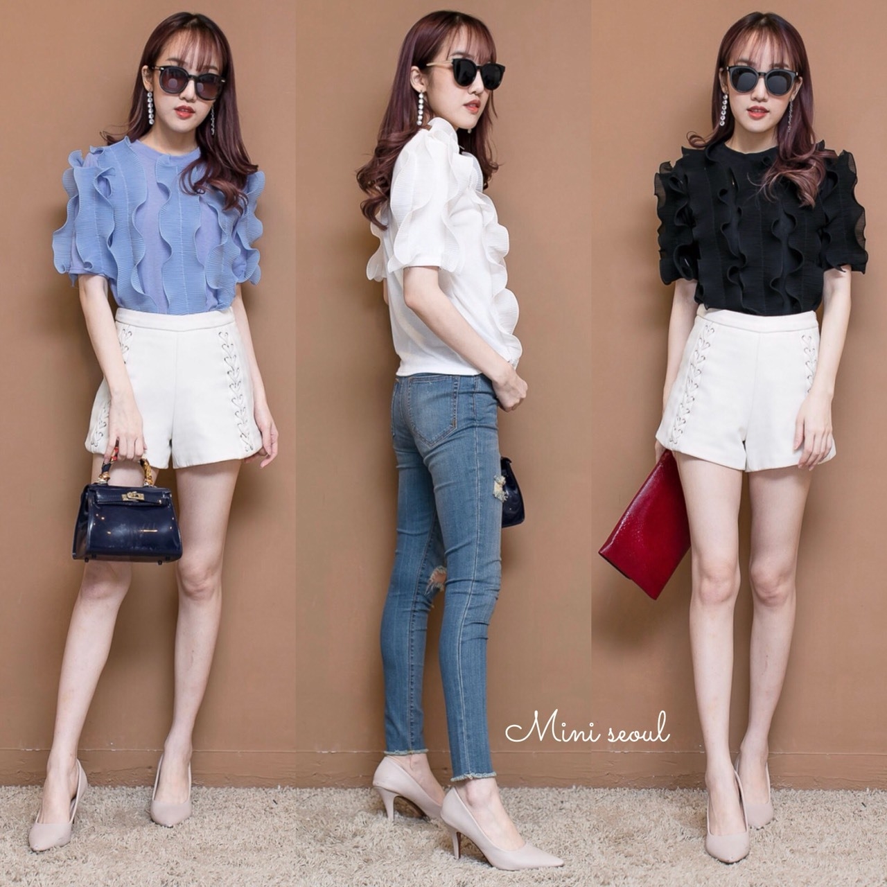 เสื้อเกาหลี พร้อมส่ง เสื้อคอกลม ผ้ายืดเนื้อนิ่ม