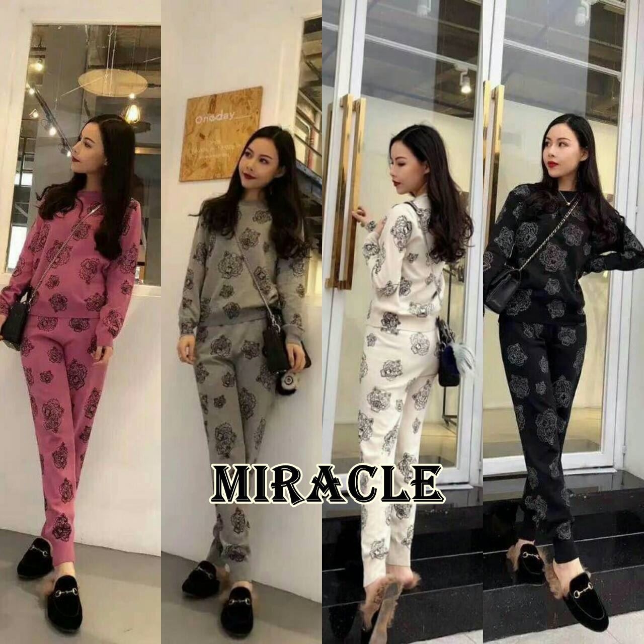 เสื้อผ้าเกาหลี พร้อมส่ง ชุดไหมพรมทอลายเคนโซ่
