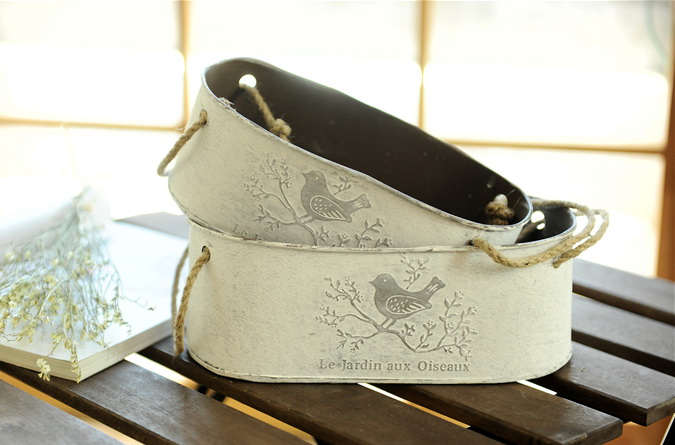 Pre-Order ถัง บัวรดน้ำ กระถางต้นไม้สังกะสี ทำสีขาวเก่า ลายนก มี 6 แบบ Zakka