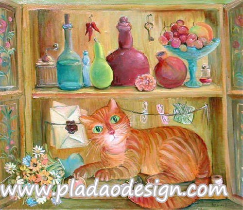 กระดาษสาพิมพ์ลาย สำหรับทำงาน เดคูพาจ Decoupage แนวภาำพ สไตล์ภาพวาด น้องแมวสีส้มแอบมานอนเล่นบนชั้นวางขวด