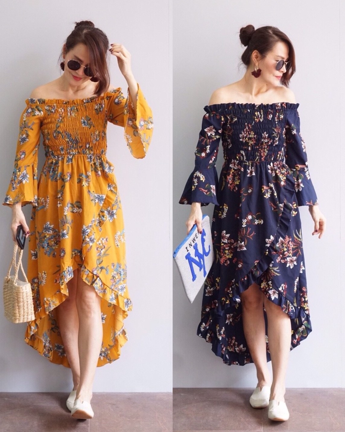 ชุดเดรสเกาหลี พร้อมส่ง dress ปริ้นลายดอก สม็อคยางยืด