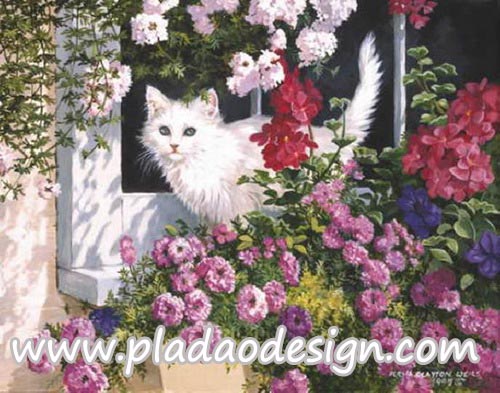กระดาษสาพิมพ์ลาย สำหรับทำงาน เดคูพาจ Decoupage แนวภาำพ แมวขนยาวสีชาวสะอาดตา ยืนอยู่หลัง สวนดอกไม้หลากสายพันธุ์ สวยๆทั้งนั้น