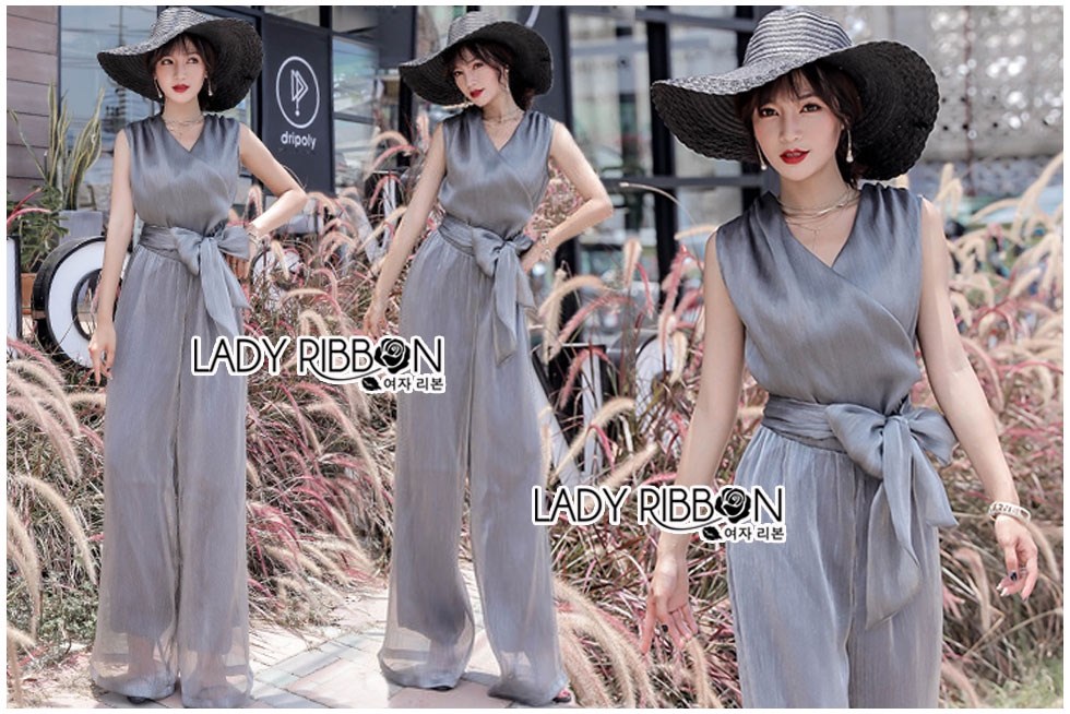 เสื้อผ้าเกาหลี พร้อมส่ง จัมป์สูทขายาวผ้าชีฟองสีเทาเข้ม