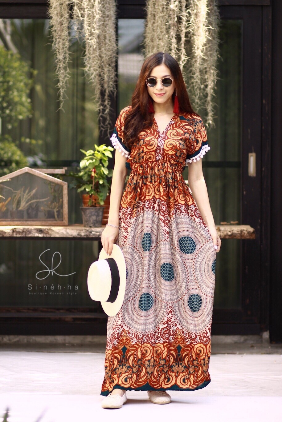ชุดเดรสเกาหลี พร้อมส่ง Maxi dress ผ้าสปันเนื้อดีปริ้นลายสวย