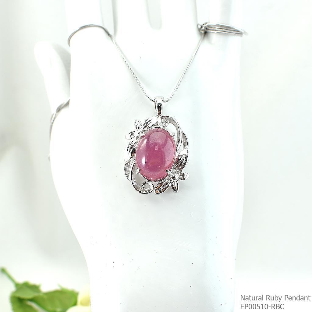 SKJewelryFactory EP00510-RBC จีพลอยทับทิมแท้ดีไซน์ลายใบไม้ จี้เงินแท้ พลอยทับทิมแท้เจียรนัยแบบหลังเบี้ย สุดคลาสสิก