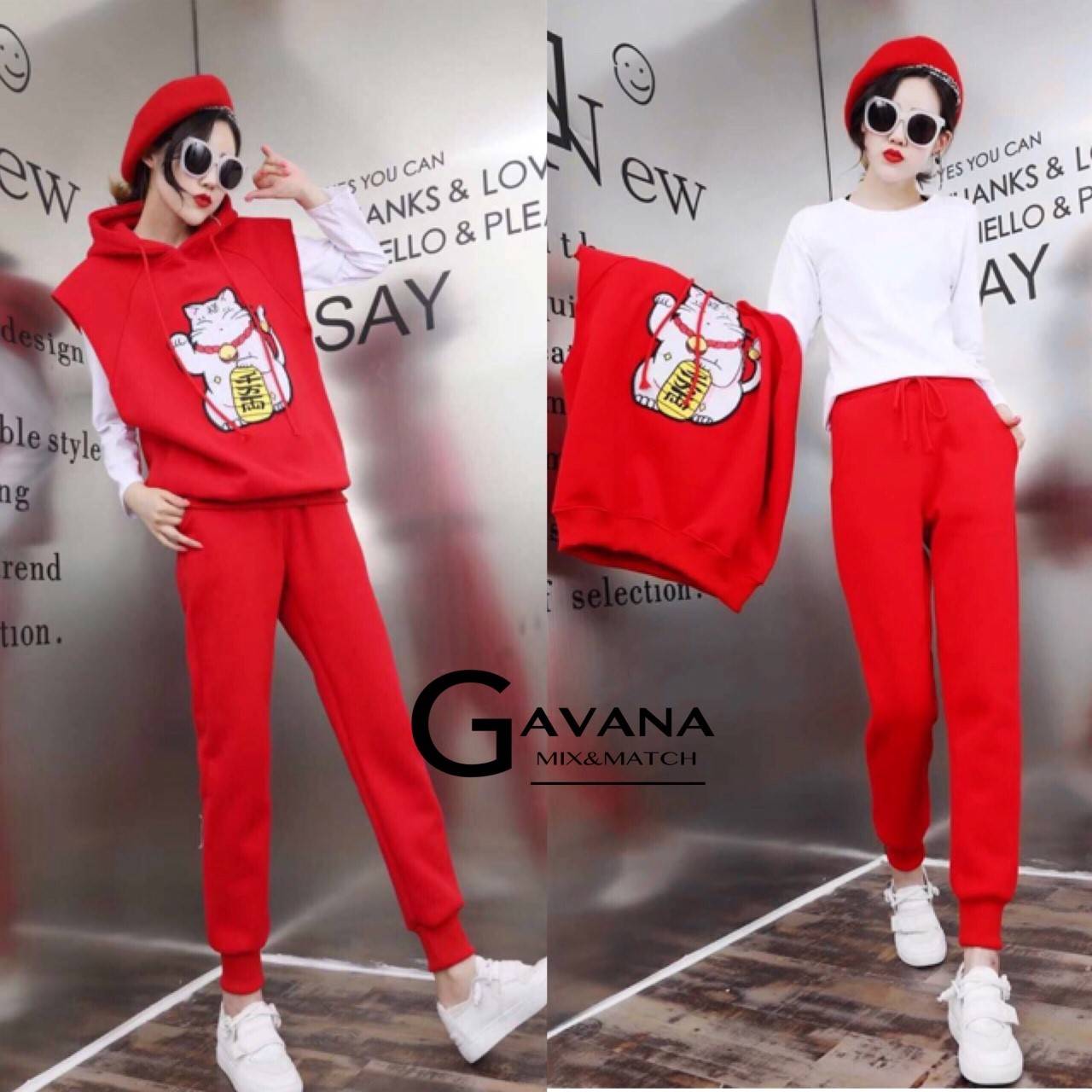 เสื้อผ้าเกาหลี พร้อมส่ง Set 3 ชิ้น เสื้อฮู้ด เสื้อตัวใน กางเกงขายาว