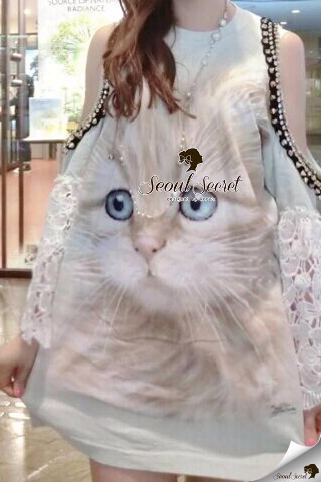 พร้อมส่ง เดรสเว้าไหล่ น่ารักๆ ด้วยงานพิมพ์ลายน้องแมว