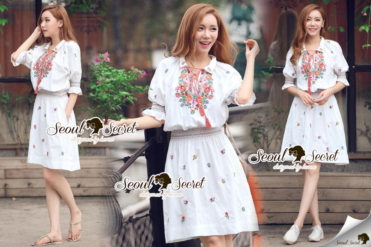 พร้อมส่ง เดรสปักลายดอกไม้สไตล์วินเทจๆ ปักประดับทั้งตัว