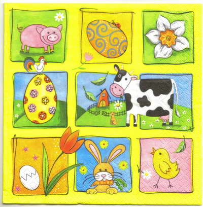 แนวภาพเทศกาล Easter Bunny ไข่อีสเตอร์ที่ฟาร์ม กระต่าย วัว หมู เป็นภาพบล็อค 4 กระดาษแนพกิ้นสำหรับทำงาน เดคูพาจ Decoupage Paper Napkins ขนาด 33X33cm