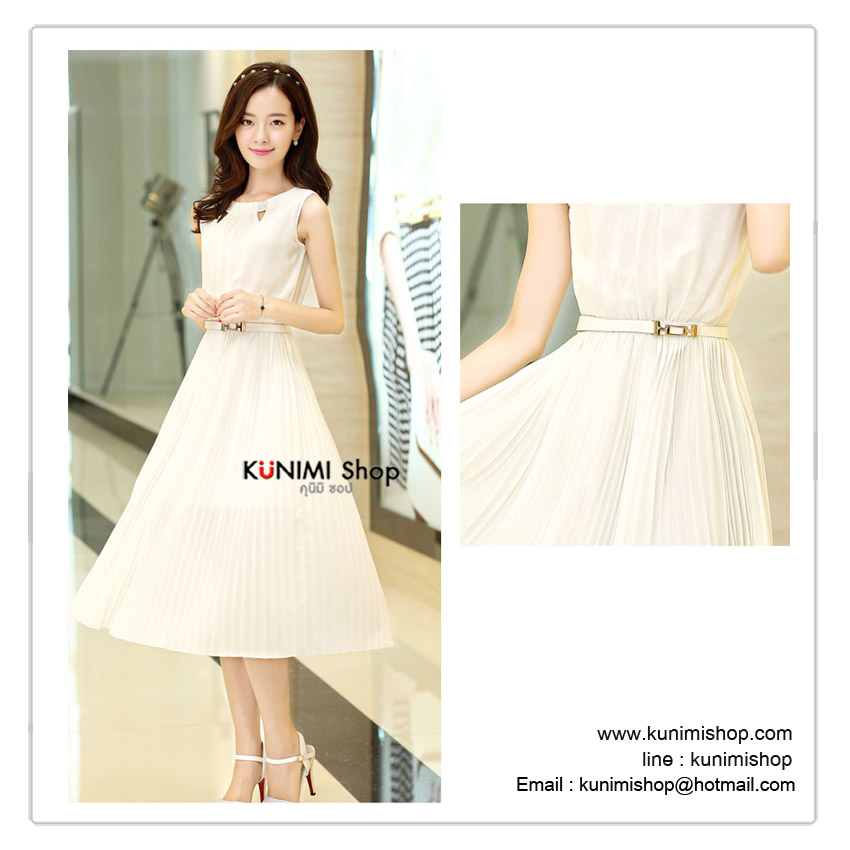 VS017 ชุดเดรสยาว สีขาว ผ้าชีฟอง ช่วงคอตัดเย็บดีดีไซน์สวย ปักด้วยเลื่อม กระโปรงอัดกลีบพีช มีซับในทั้งตัว มาพร้อมเข้มขัด สีขาว