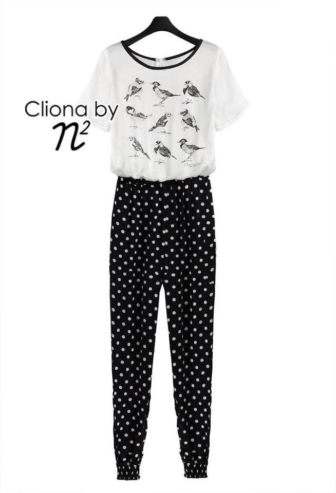 พร้อมส่ง Jump suit เสื้อขาว กางเกงดำ ทรงคอกลม