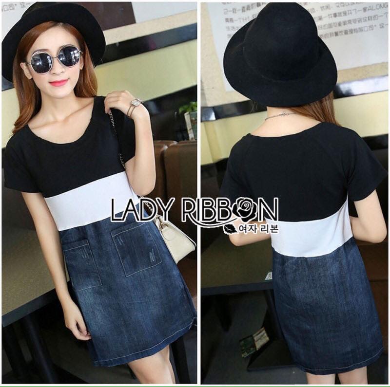 พร้อมส่ง เดรสเกาหลี เดรสแขนสั้นคัลเลอร์บล็อคสีขาว-ดำ