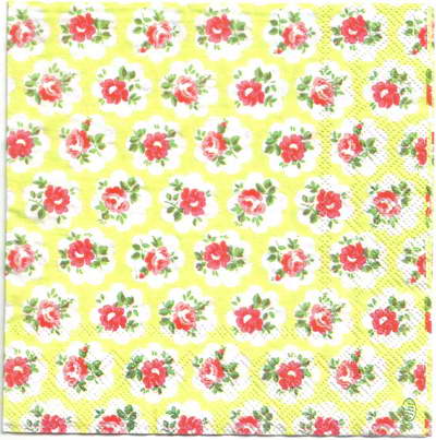 แนวภาพ Cath Kidston ดอกไม้ กุหลาบจิ๋ว ในกรอบดอกไม้ พื้นเหลือง เป็นภาพกระจายเต็มแผ่น กระดาษแนพกิ้นสำหรับทำงาน เดคูพาจ Decoupage Paper Napkins ขนาด 33X33cm