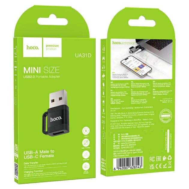 Hoco Adapter UA31D USB Male to Type-C Female ตัวแปลงสำหรับ USB to Type-C รองรับการโอนถ่ายข้อมูล และการชาร์จ