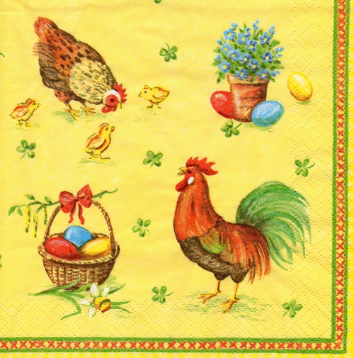 แนวภาพการ์ตูน แม่ไก่ ไข่ กับลูกเจี๊ยบ สัตว์ เป็นภาพแนวยาว กระดาษแนพกิ้นสำหรับทำงาน เดคูพาจ Decoupage Paper Napkins ขนาด 33X33cm