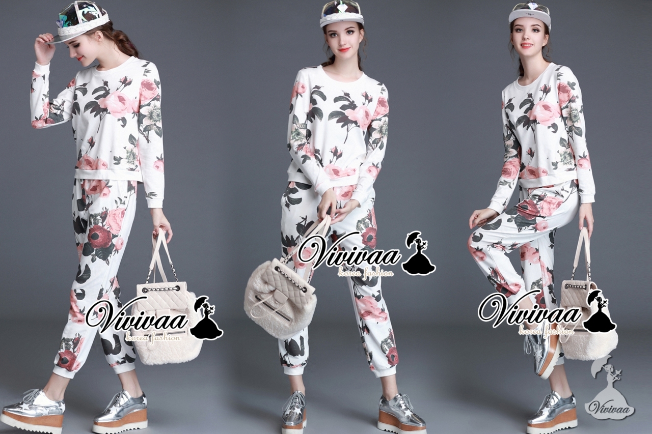 พร้อมส่ง เสื้อทรงแขนยาวมาพร้อมกับกางเกง เสื้อผ้าเกาหลี
