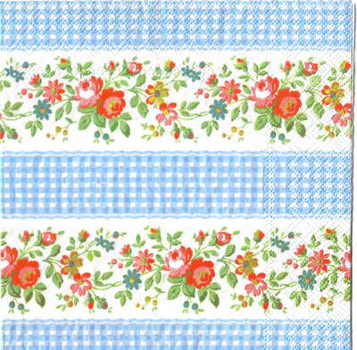 แนวภาพ Cath Kidston ดอกไม้ แถบดอกกุหลาบ กับลายสก็อตฟ้า เป็นภาพเต็มแผ่น กระดาษแนพกิ้นสำหรับทำงาน เดคูพาจ Decoupage Paper Napkins ขนาด 33X33cm