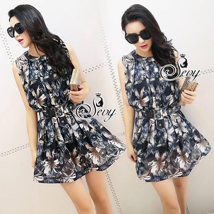 พร้อมส่ง เดรสผ้าชีฟองพริ้วสวยพิมพ์ลายดอก