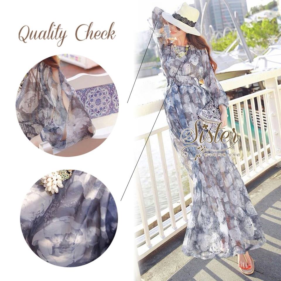 พร้อมส่ง แม็กซี่เดรสแขนยาว เนื้อผ้าผสมsilk
