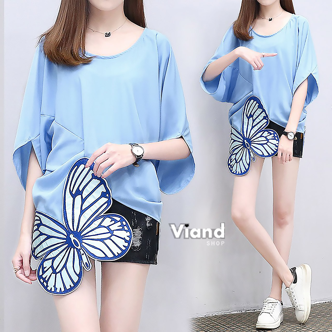 เสื้อเกาหลี พร้อมส่ง เสื้อทรงผีเสื้อผ้าชีฟอง