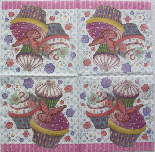 แนวภาพเค้ก Cupcake คัพเค้ก สีหวาน บนพื้นลายจุด เป็นภาพบล็อค 4 กระดาษแนพกิ้นสำหรับทำงาน เดคูพาจ Decoupage Paper Napkins ขนาด 33X33cm