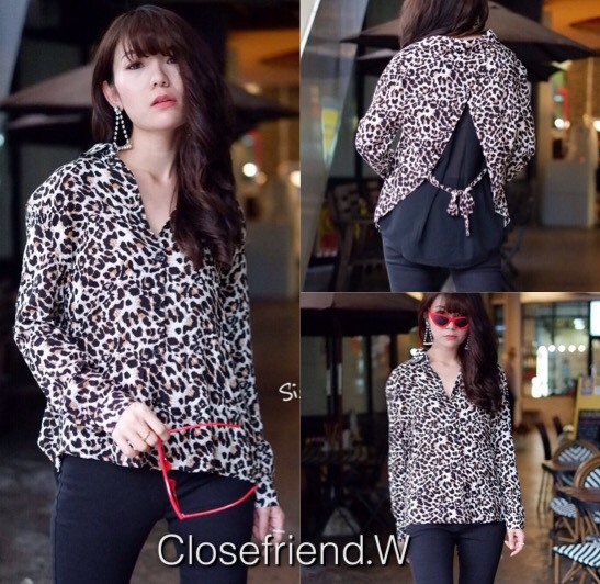 เสื้อเกาหลี พร้อมส่ง เสื้อเชิ้ตผ้าซิลชีฟอง ลายเสือ