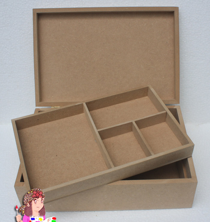 ชิ้นงานดิบไม้ MDF ทำ Decoupage งานเพนท์ กล่องใส่เครื่องประดับ ขนาดใหญ่ มีถาดพร้อมช่องแบ่ง 8"x12"x4"