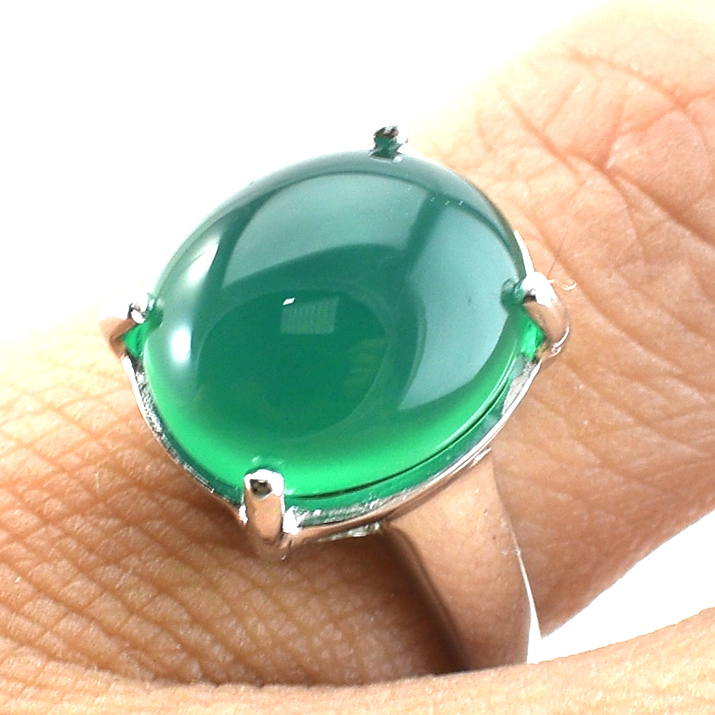 SKJewelryFactory แหวนเม็ดเดี่ยว พลอยเม็ดใหญ่ แหวนเงินแท้ 92.5% ฝังพลอยกรีนอะเกทแท้ ER02400-GAC