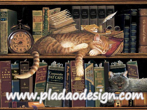 กระดาษสาพิมพ์ลาย สำหรับทำงาน เดคูพาจ Decoupage แนวภาำพ แมวลายก้างปลาสีทองแปลงร่างเป็นหนอนหนังสือ นอนบนชั้นหนังสือ ในห้องสมุด (ปลาดาวดีไซน์)