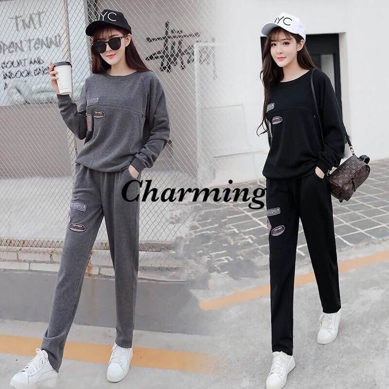 เสื้อผ้าเกาหลี พร้อมส่ง ชุดเซ็ทวอร์มเสื้อ+กางเกง
