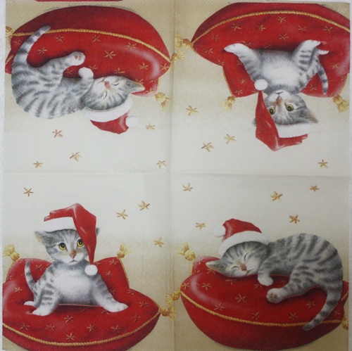 แนวภาพคริสต์มาส แมว ใส่หมวก Christmas เป็นภาพบล็อค 4 กระดาษแนพกิ้นสำหรับทำงาน เดคูพาจ Decoupage Paper Napkins ขนาด 33X33cm