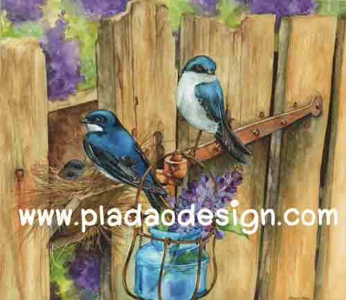 กระดาษสาพิมพ์ลาย สำหรับทำงาน เดคูพาจ Decoupage แนวภาำพ นกน้อยสีน้ำเงิน 2 ตัว มาสร้างรังกันบนรั้วไม้ สีคลาสสิคสวยหวาน (ปลาดาวดีไซน์)