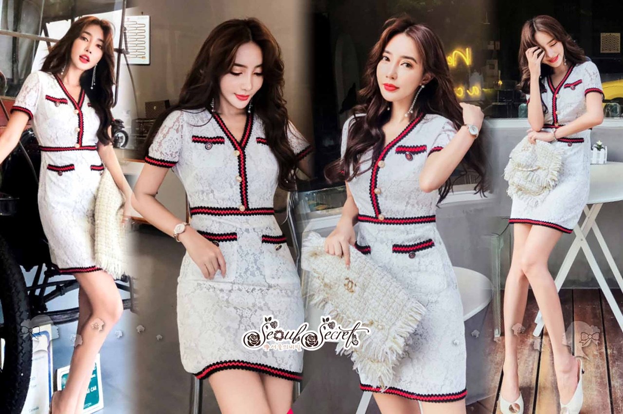 ชุดเดรสเกาหลี พร้อมส่ง เดรสผ้าลูกไม้ ทอลายฉลุแบบโปร่ง