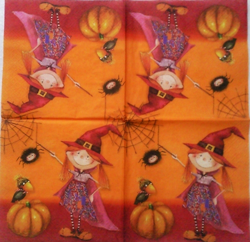 แนวภาพเทศกาล Helloween ฮาโลวีน แม่มดน้อย การ์ตูน เป็นภาพครึ่งแผ่น กระดาษแนพกิ้นสำหรับทำงาน เดคูพาจ Decoupage Paper Napkins ขนาด 33X33cm