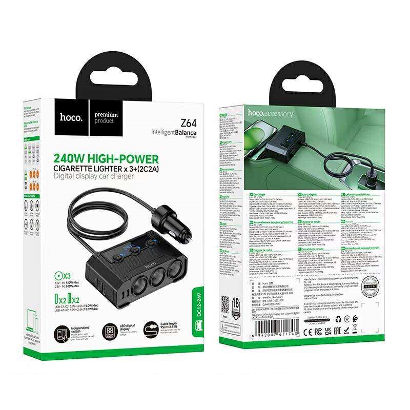 Hoco Z64 240W HIGH-POWER LIGHTER x 3 + (2C2A) Digital display car charger อุปกรณ์เพิ่มช่องชาร์จในรถยนต์