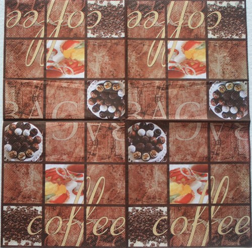 แนวภาพอาหาร เม็ดกาแฟ กับลาย Coffee ในกรอบสี่เหลี่ยมเล็กๆ เป็นภาพโทนสีน้ำตาล เป็นภาพ 4 บล๊อค กระดาษแนพกิ้นสำหรับทำงาน เดคูพาจ Decoupage Paper Napkins ขนาด 33X33cm