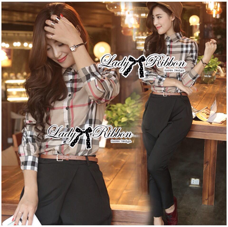 พร้อมส่ง เซ็ตเสื้อเชิ้ตลายสก็อตและกางเกงขายาวสไตล์ Burberry