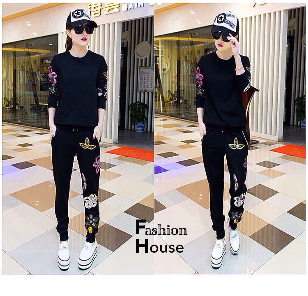 พร้อมส่ง เสื้อวอร์มปักเลื่อมที่กางเกงและเสื้อ