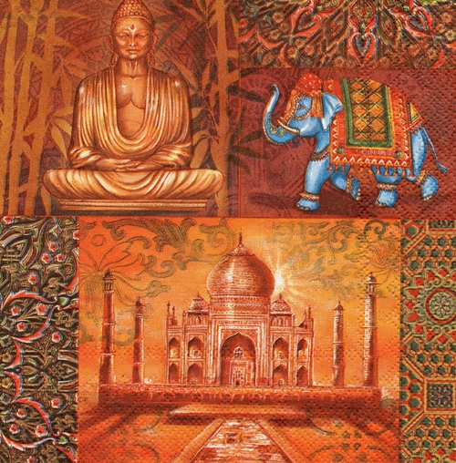 แนวภาพเอเซียน Buddha India ทัชมาฮาล ภาพโทนสีส้ม เป็นภาพแนวยาว กระดาษแนพกิ้นสำหรับทำงาน เดคูพาจ Decoupage Paper Napkins ขนาด 33X33cm