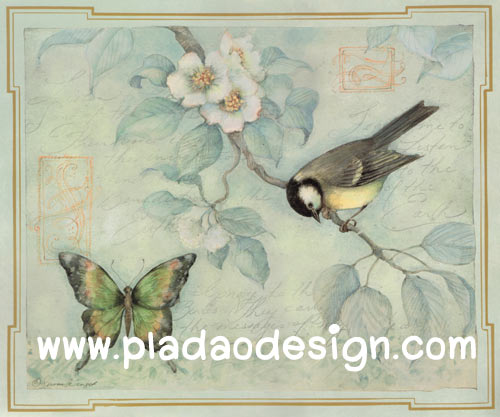 กระดาษสาพิมพ์ลาย สำหรับทำงาน เดคูพาจ Decoupage แนวภาำพ ภาพวาดสีหวาน นกน้อยเกาะกิ่งไม้ คุยกะเพื่อนผีเสื้อ พื้นเขียวอมฟ้า (ปลาดาวดีไซน์)
