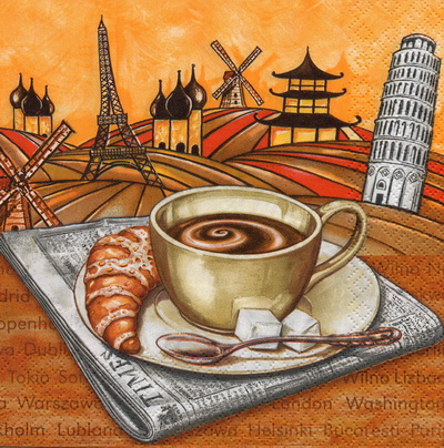 แนวภาพกาแฟ Coffee กาแฟกับครัวซองต์ กับทิวทรรศน์ เป็นภาพบล็อค 4 กระดาษแนพกิ้นสำหรับทำงาน เดคูพาจ Decoupage Paper Napkins ขนาด 33X33cm