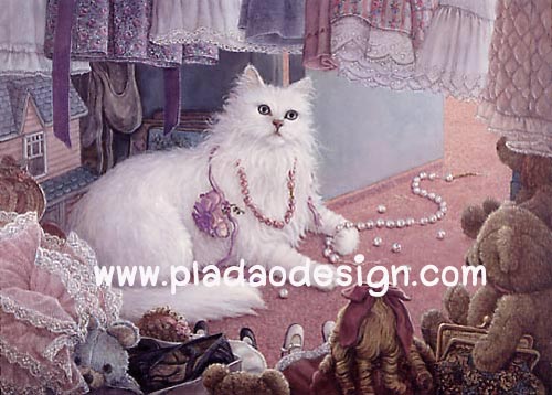กระดาษสาพิมพ์ลาย สำหรับทำงาน เดคูพาจ Decoupage แนวภาพ แมวเปอร์เชียขนขาว เล่นสร้อยไข่มุกจนขาด