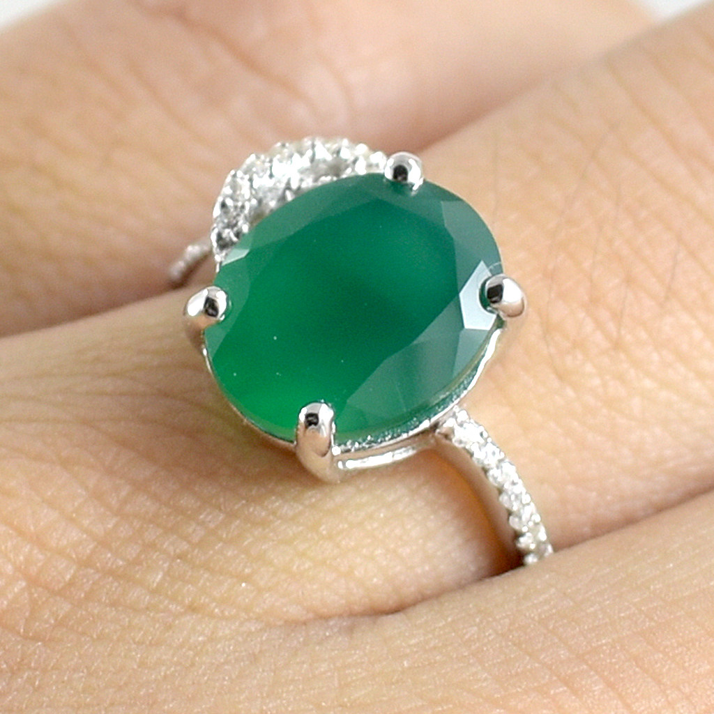 SKJewelryFactory แหวนเพลอยกรีนอะเกทแท้ เม็ดใหญ่สีเขียวสวย ER02356-GAG