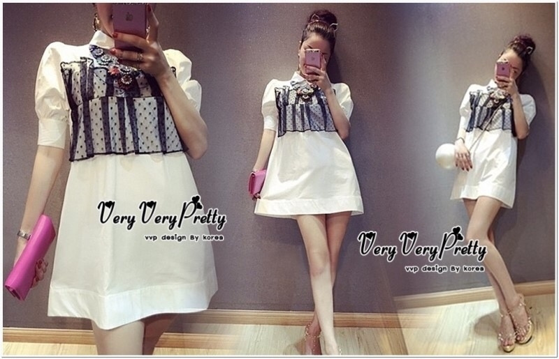 พร้อมส่ง มินิเดรสทรงเชิตแขนพอง ทรงปล่อยสีขาวคอปก